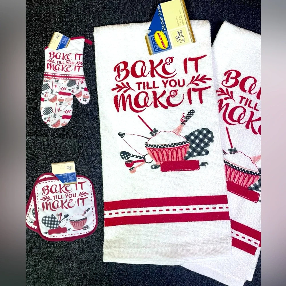 5-Pc Kitchen Set BAKE IT TILL YOU MAKE IT Towels Pot Holders Mitt Red White NWT